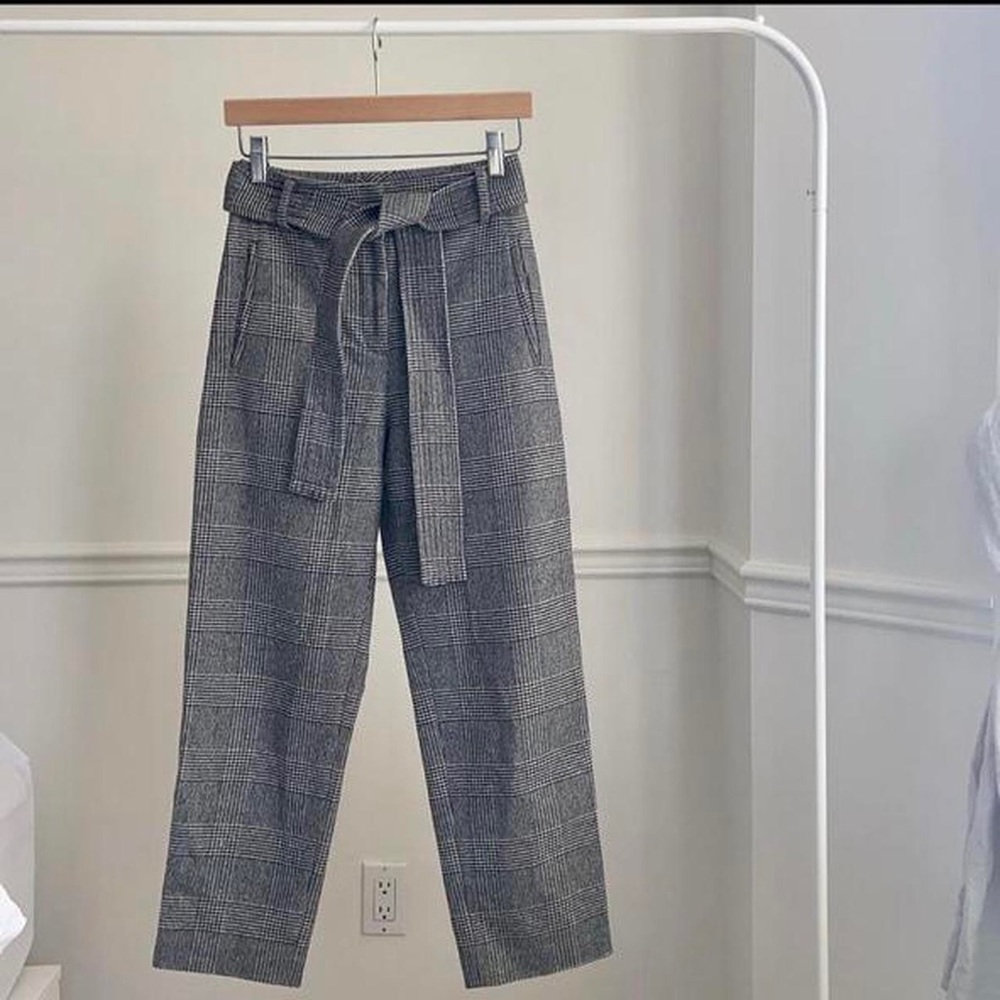 Aritzia Babaton Tie Front Pant in Grey Plaid Checkered Wool
